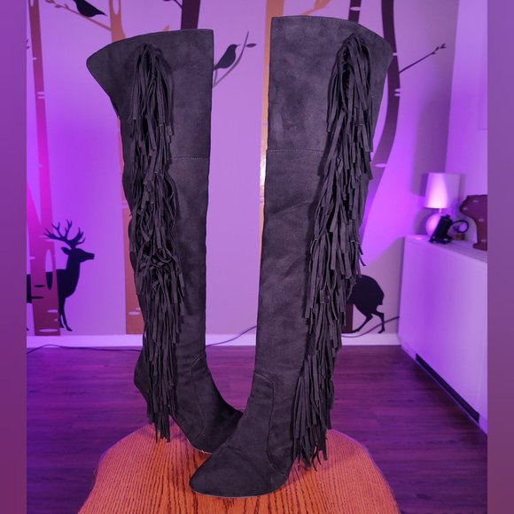 ASOS Shoes - WORN TWICE Glamorous Faux Suede Over the Knee Heeled Riding Boots w Fringe ASOS